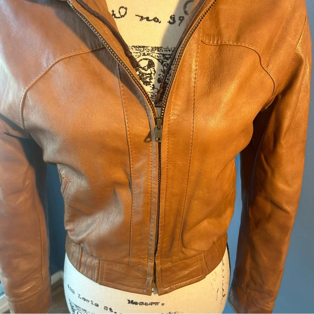 Women's Tan Leather Jacket with Hood - Picture 14 of 15